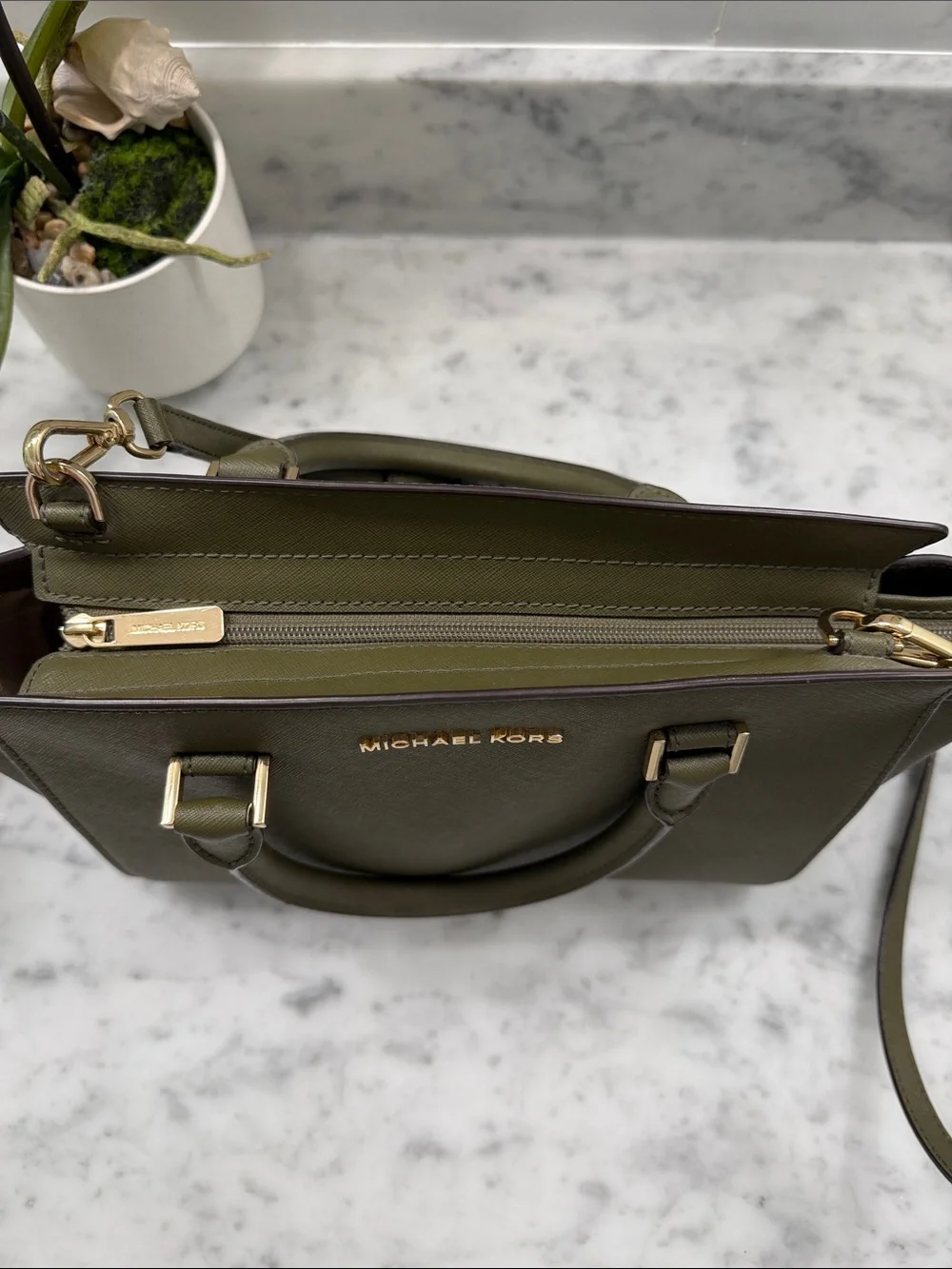 Michael Kors Olive Green Saffiano Leather Satchel with Gold Hardware